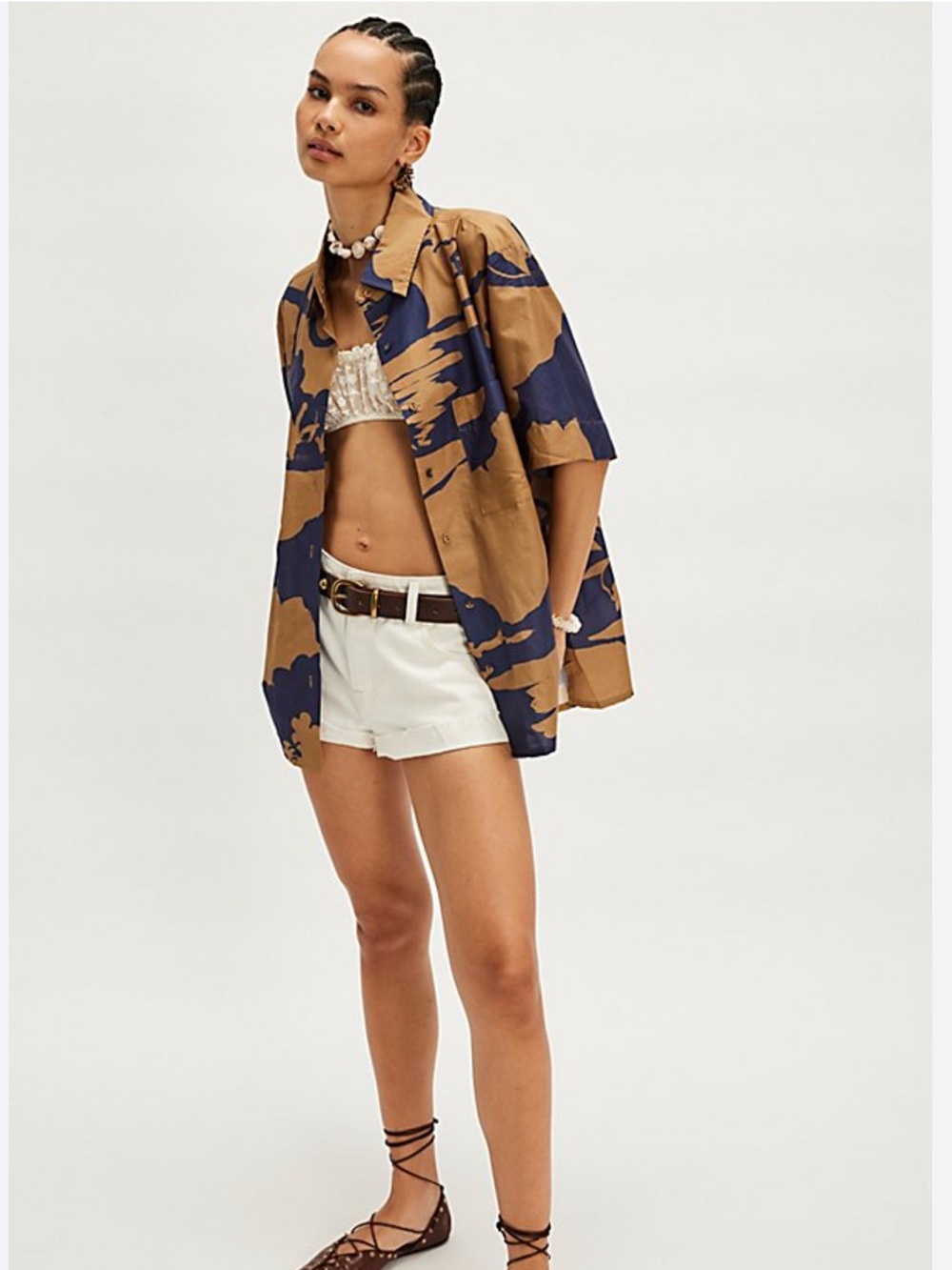 NWT! Soleil Soleil Free People Oversized Short-Sleeve Print Shirt - Tan & Navy